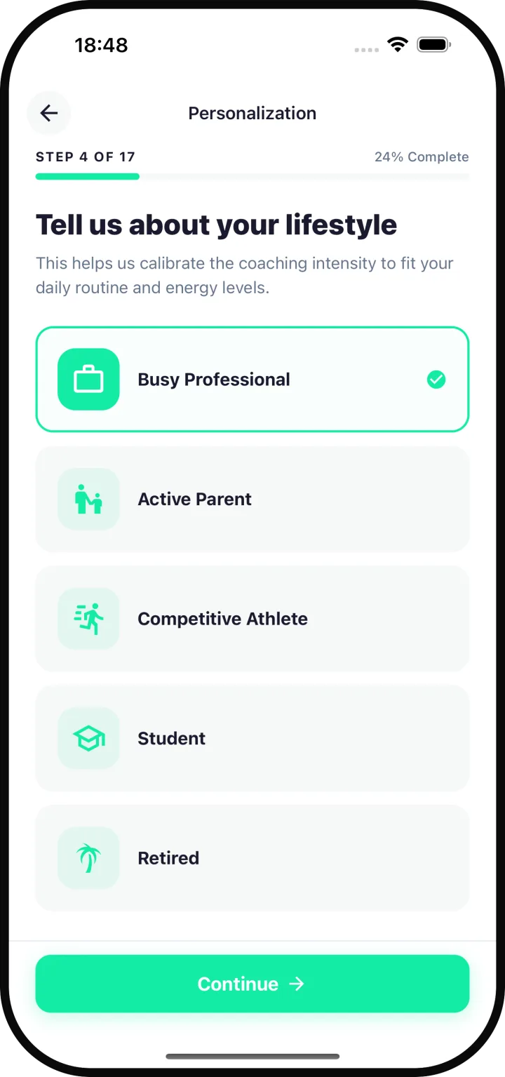 NutriAI lifestyle profile screen showing sleep and stress tracking options - the same comprehensive approach the app uses to optimize nutrition for better recovery