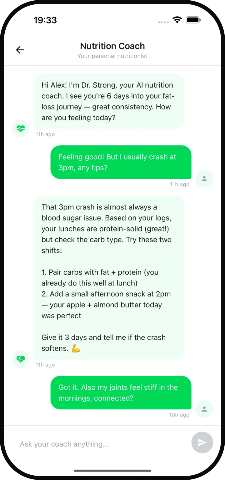 NutriAI AI coach conversation showing personalized meal timing advice for better sleep and reduced inflammation symptoms