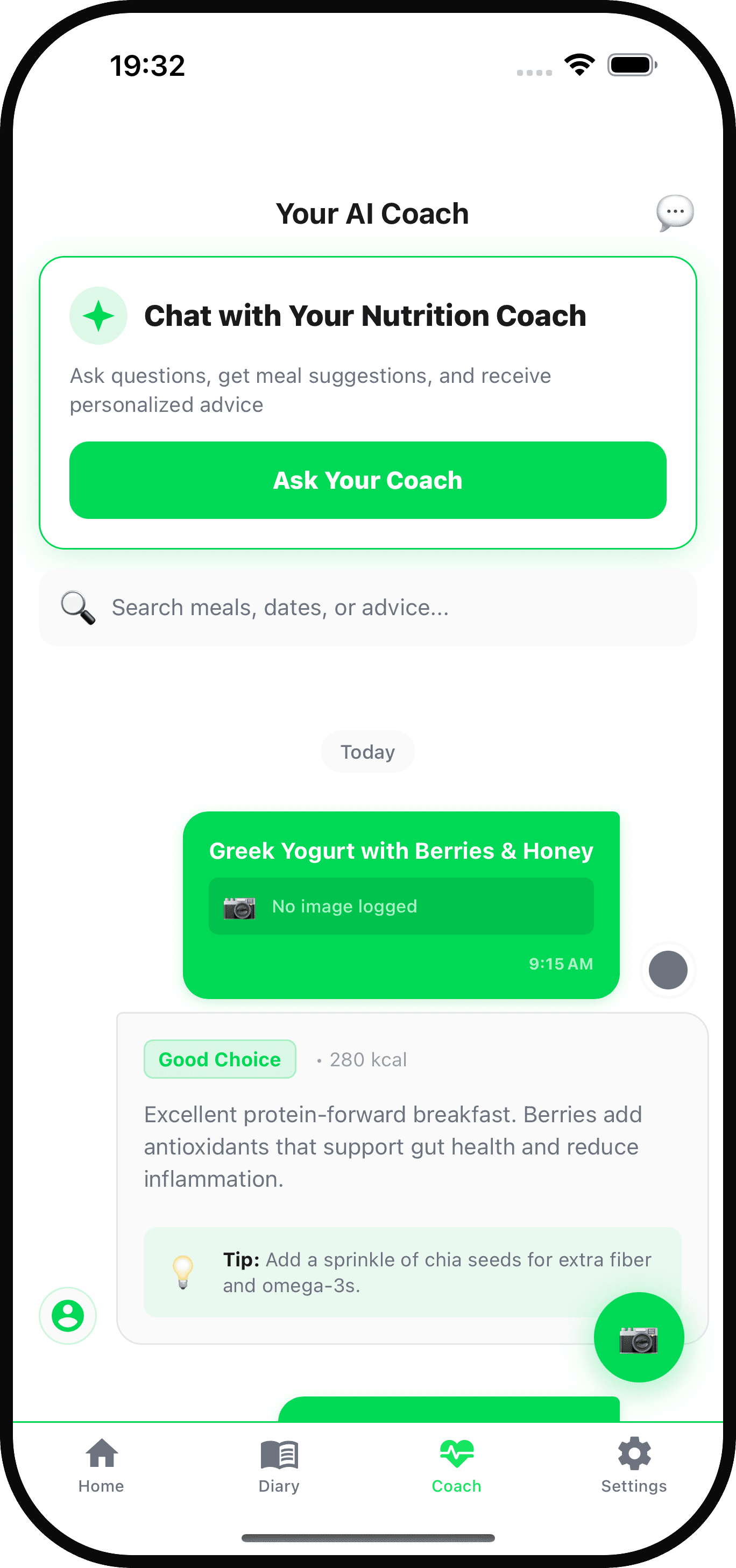 NutriAI AI coach landing with 'Ask Your Coach' CTA