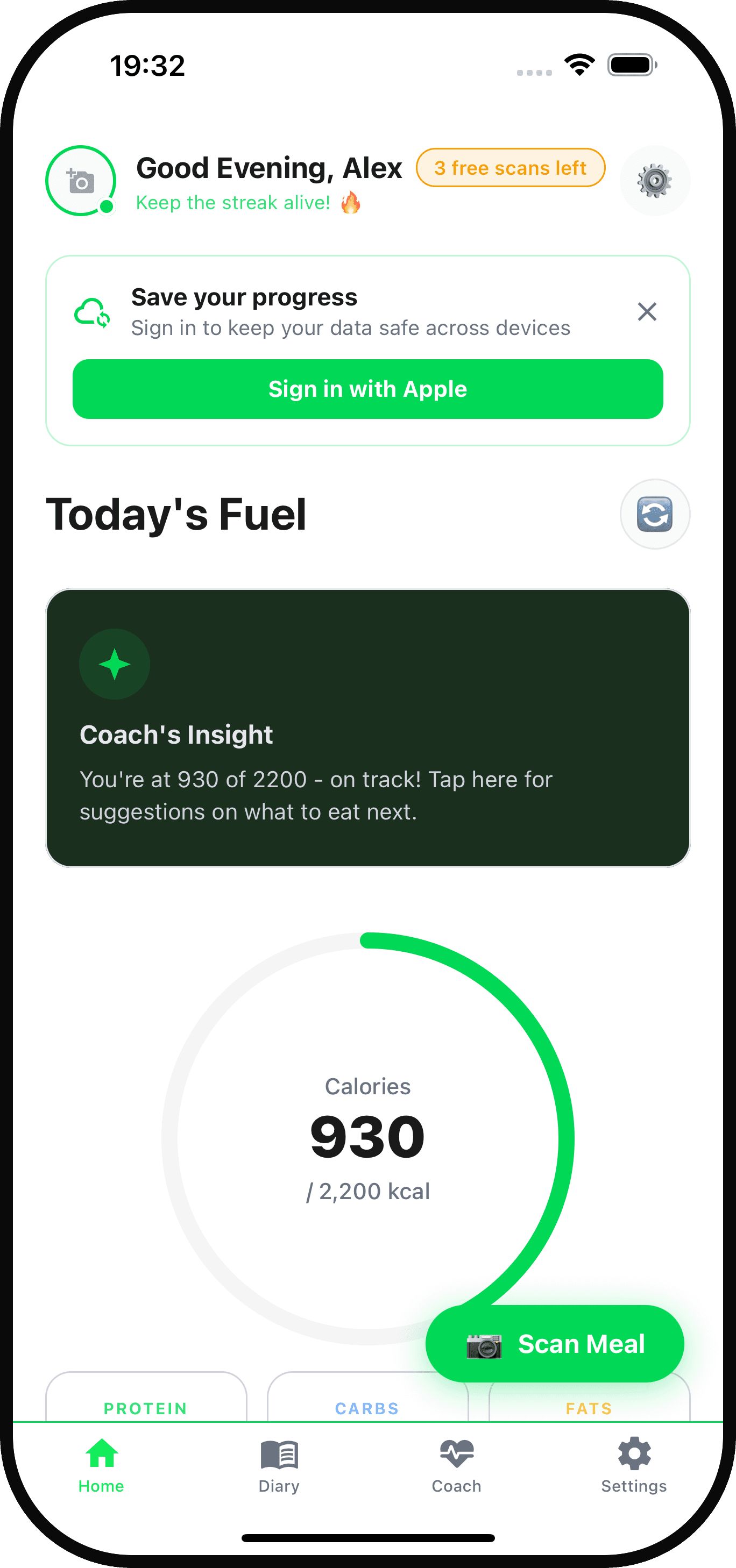 NutriAI home dashboard showing today's calorie ring and Scan Meal button