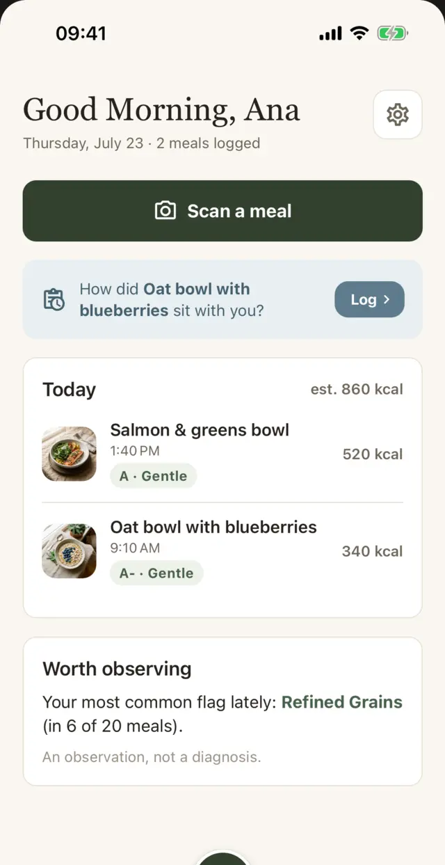 NutriAI Today screen with calm daily meal summary