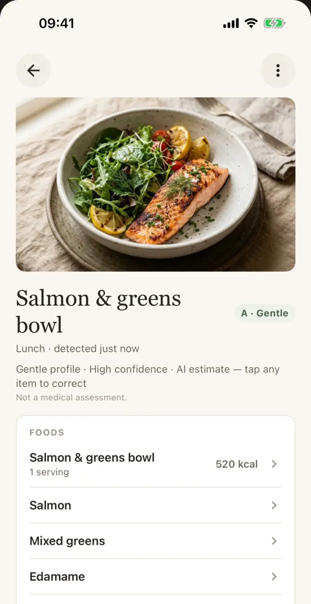 NutriAI scan result — meal grade with the foods that shaped it