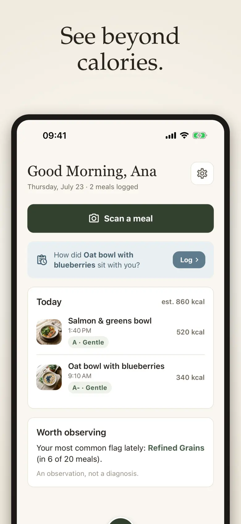 NutriAI Today screen with the day's meals