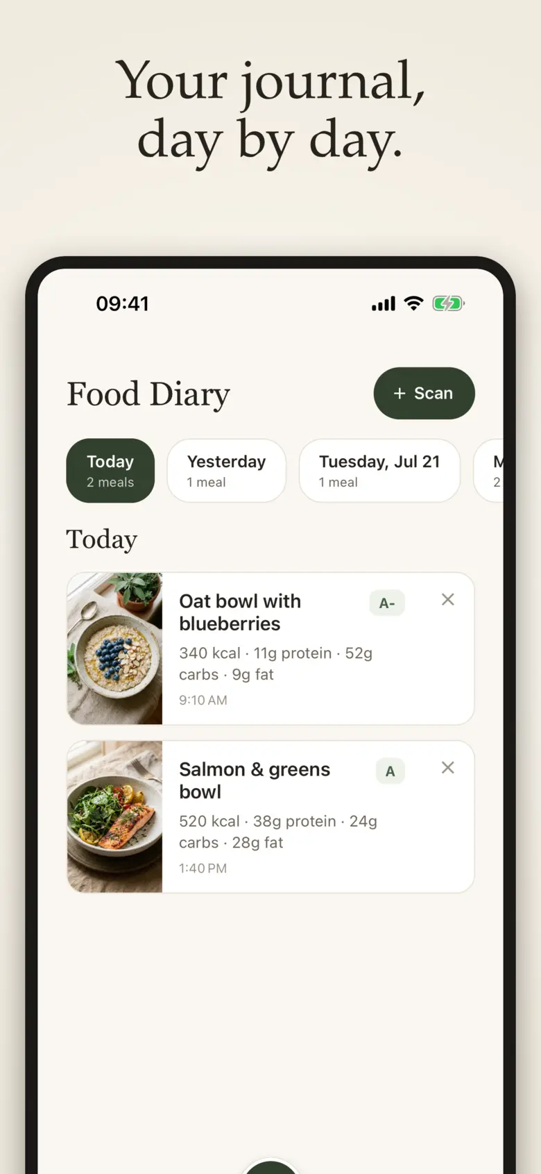 NutriAI Diary screen listing logged meals